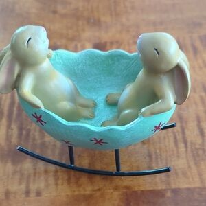 Easter Candy Dish Laughing Bunny Rabbits Rocking in an Egg Cradle